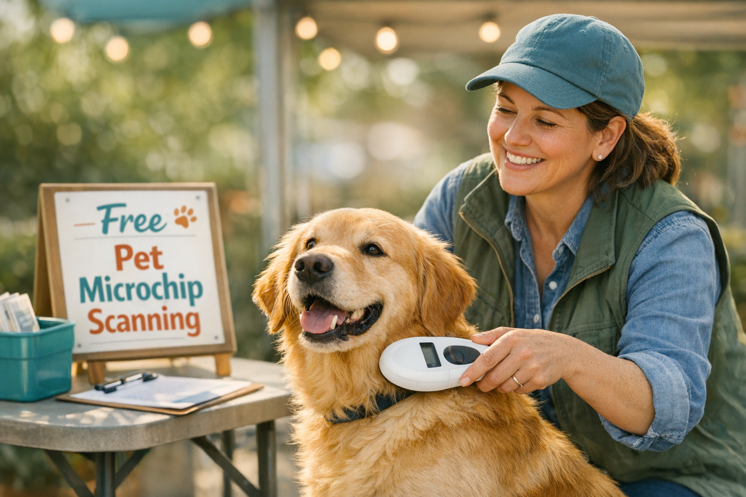 A person scanning a dog for a microchip at a community scanner station