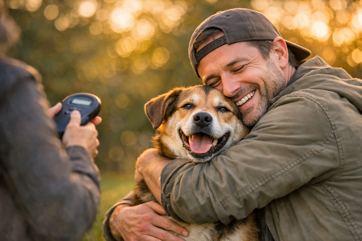 A happy pet owner reunited with their dog thanks to a microchip scanner